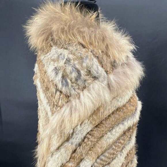Real Rabbit & Raccoon Fur Knitted Poncho Shawl Stole Coverup Tassel Fringe OS - Picture 9 of 10